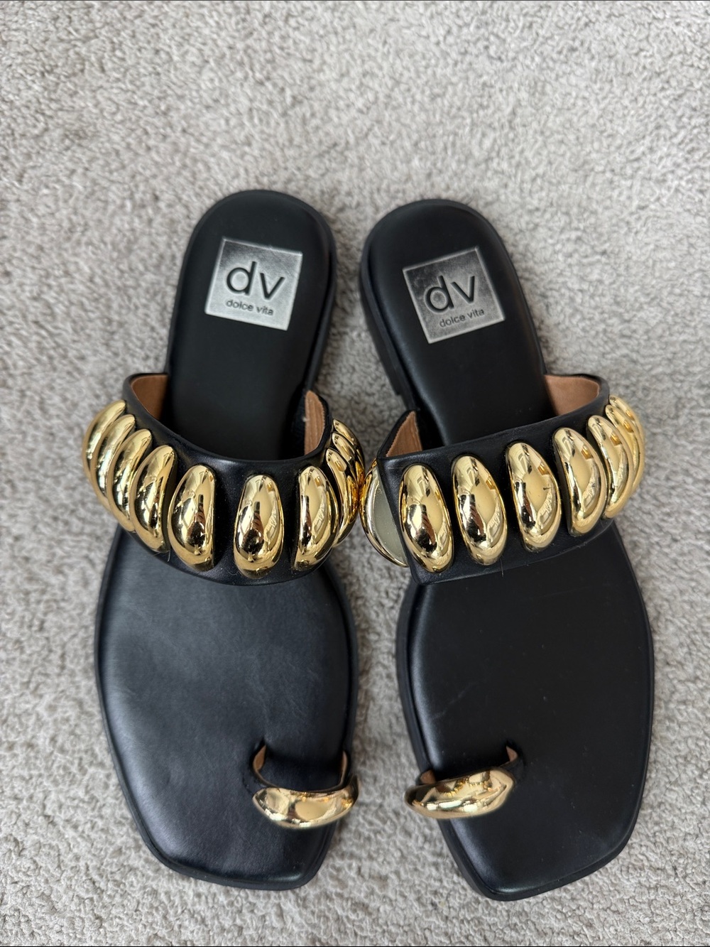 Dolce Vita Black Sandals with Gold Teardrop Accents
